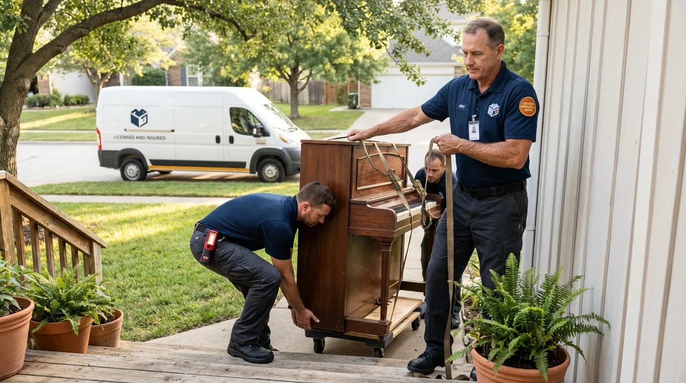 Licensed piano movers securing grand piano in Covington, KY